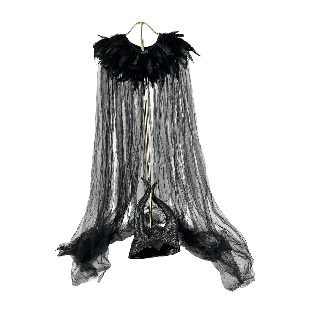 Maleficent Costume Set Black Tulle Feather Cape & Horned Headpiece Cosplay